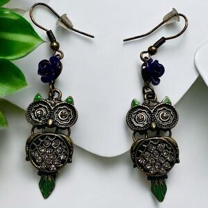 Bronze Owl Purple Rose Metal Rhinestones Dangle Earring’s Woman’s Jewelry